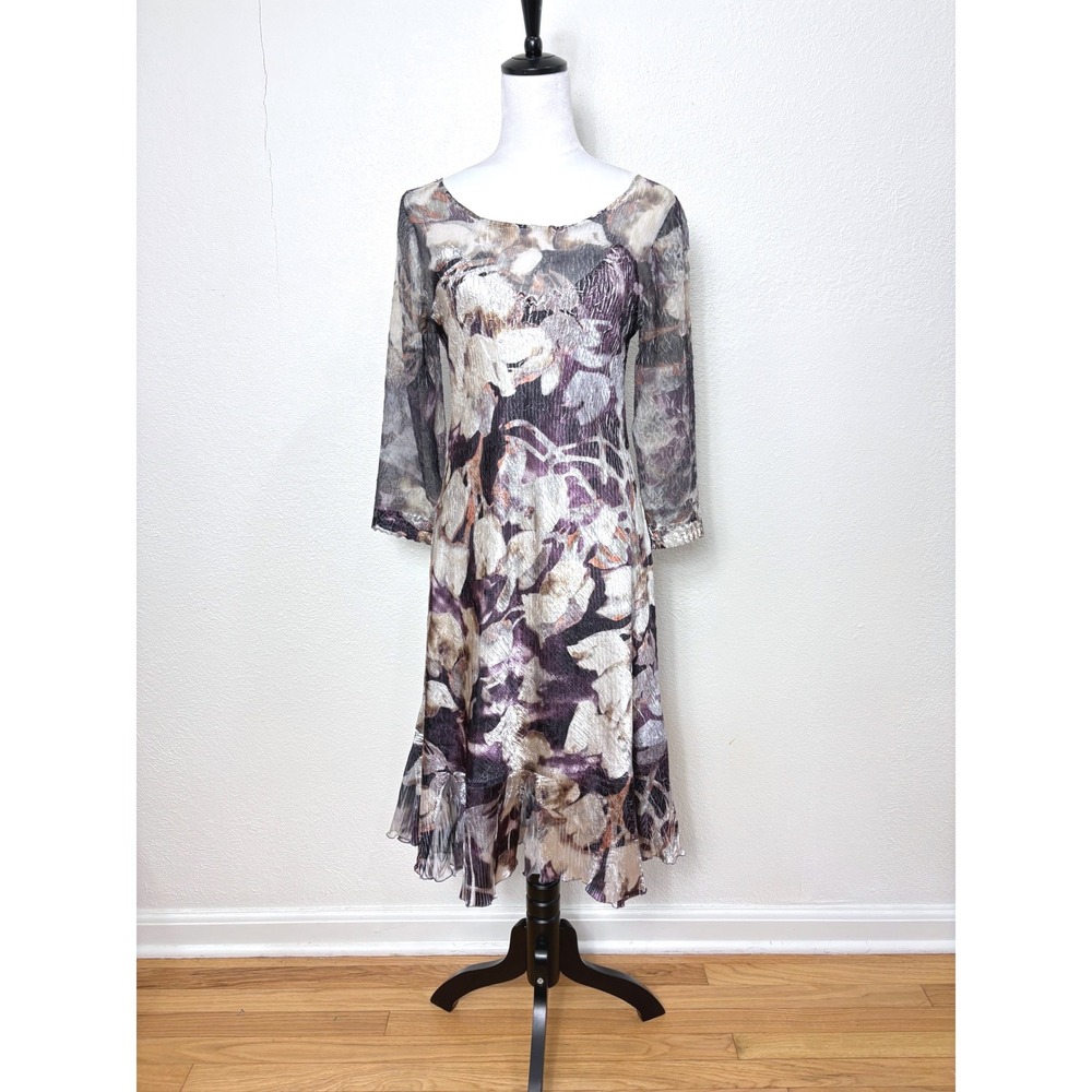Komarov Purple Floral Chiffon Crinkle Long Sleeve Midi Dress‎ Size Large Party